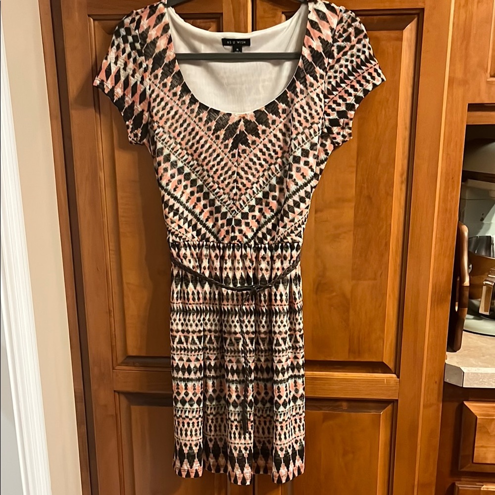 As U Wish Flattering Short Sleeve Pink Navajo Pattern Dress w/ Braided Belt